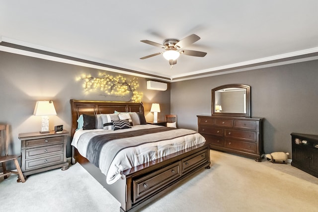 bedroom with light carpet, a wall mounted AC, ceiling fan, and ornamental molding