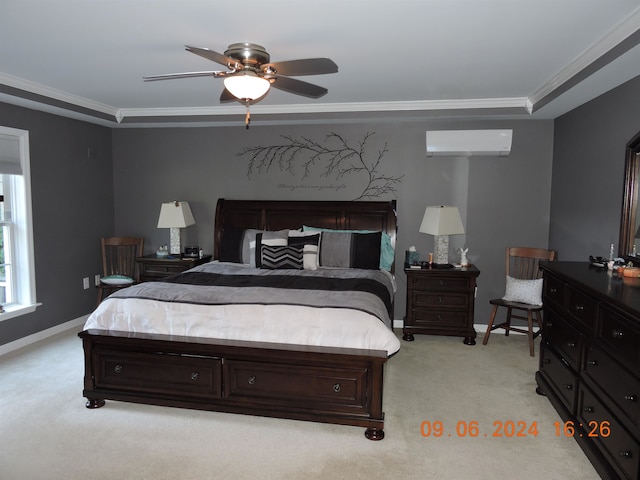 bedroom featuring light colored carpet, ceiling fan, ornamental molding, and a wall mounted air conditioner