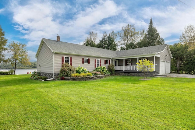 single story home featuring a front lawn, a porch, roof with shingles, a chimney, and an attached garage