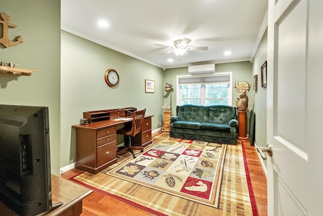 office featuring crown molding, baseboards, a wall mounted air conditioner, light wood-style floors, and a ceiling fan