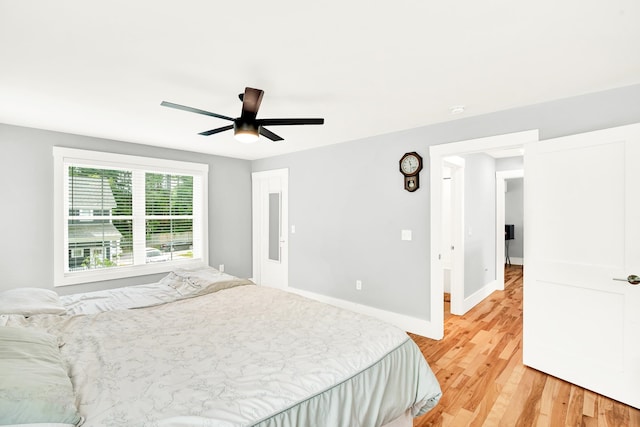 bedroom featuring ceiling fan and light hardwood / wood-style floors