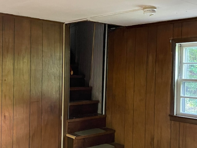 stairway featuring a healthy amount of sunlight and wood walls