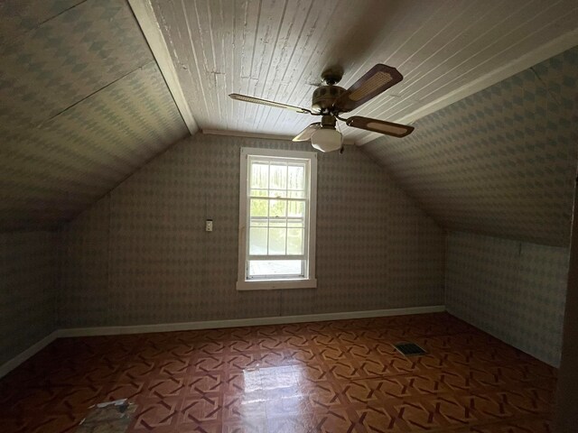 additional living space with lofted ceiling, ceiling fan, and wood ceiling