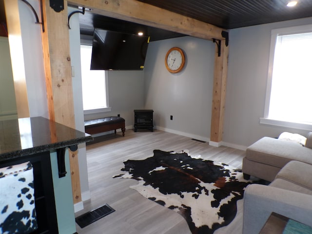 living room featuring a barn door, hardwood / wood-style floors, and a wood stove