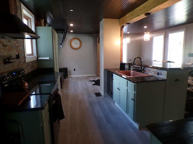 kitchen with decorative light fixtures, black appliances, sink, ventilation hood, and hardwood / wood-style flooring