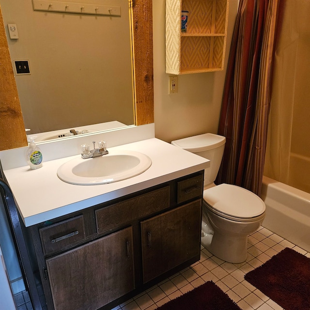 full bathroom with vanity, toilet, tile patterned floors, and shower / bath combination with curtain