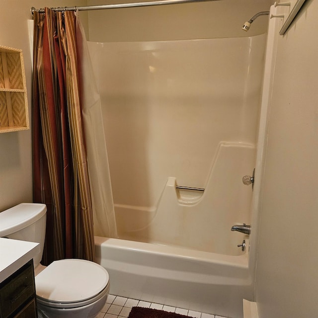 full bathroom with vanity, toilet, tile patterned floors, and shower / bathtub combination with curtain