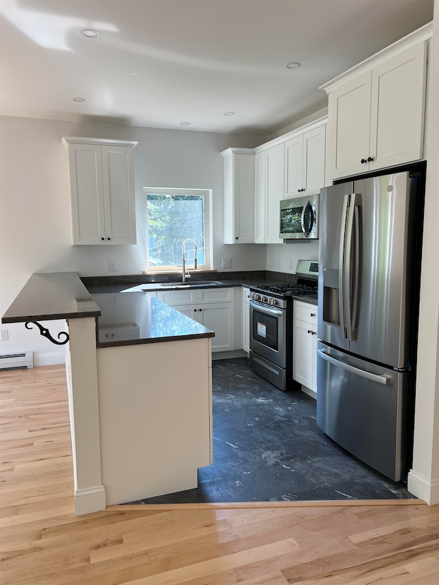 kitchen with sink, white cabinetry, appliances with stainless steel finishes, dark hardwood / wood-style flooring, and kitchen peninsula