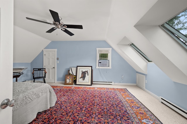 bedroom with ceiling fan, baseboard heating, light carpet, and vaulted ceiling