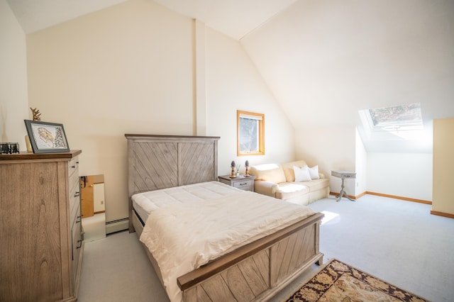 bedroom with a baseboard heating unit, light carpet, baseboards, and lofted ceiling with skylight