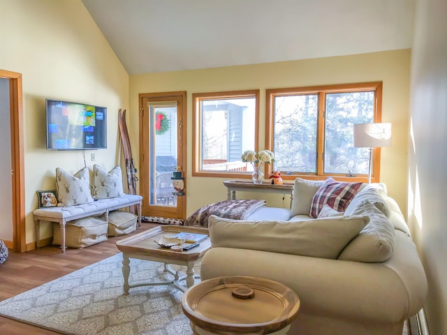 living room featuring lofted ceiling and wood finished floors