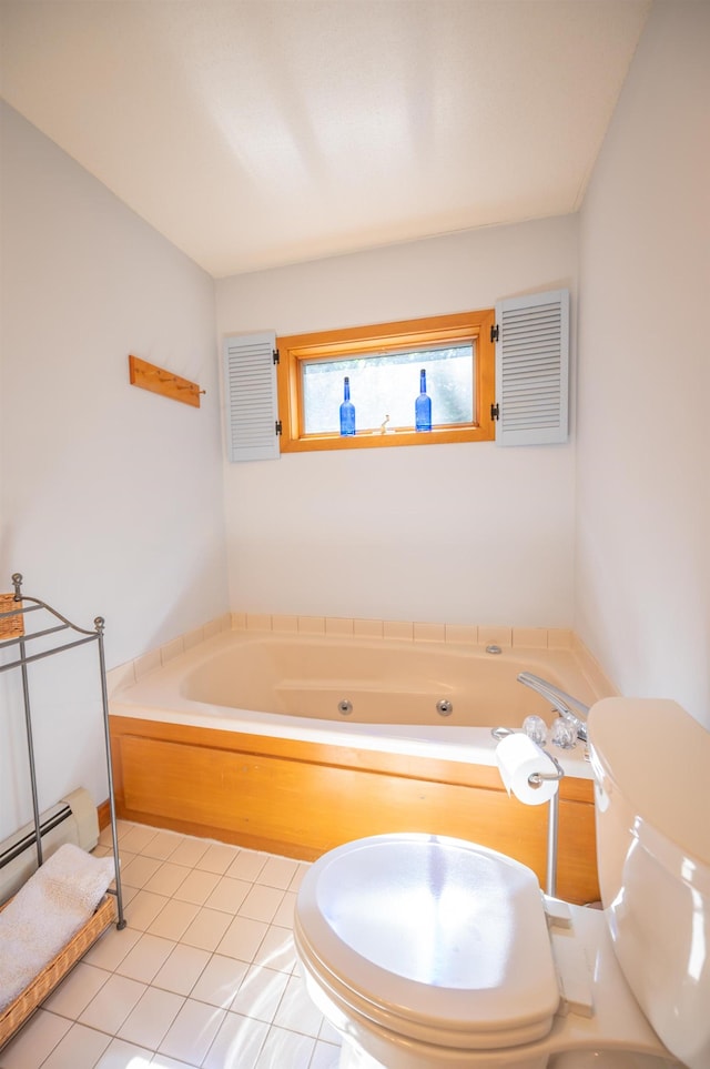 full bath featuring tile patterned floors, toilet, a tub with jets, and a baseboard radiator