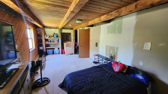 bedroom featuring wooden ceiling and beamed ceiling