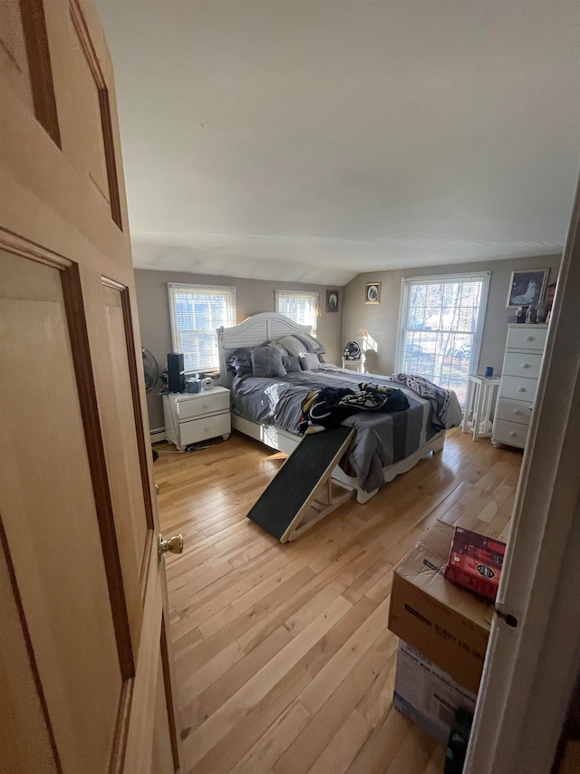 bedroom with light hardwood / wood-style floors and multiple windows