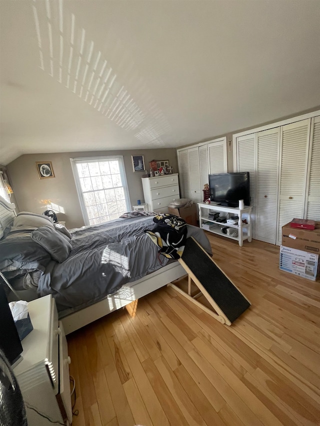 bedroom with light wood-type flooring, multiple closets, and lofted ceiling