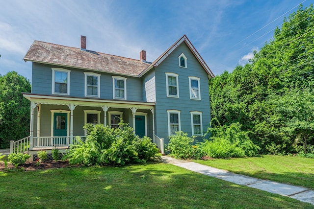 view of front facade featuring a front lawn, covered porch, and a chimney