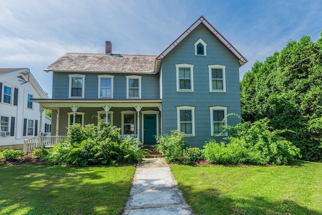view of front of home featuring a chimney, a front lawn, and covered porch