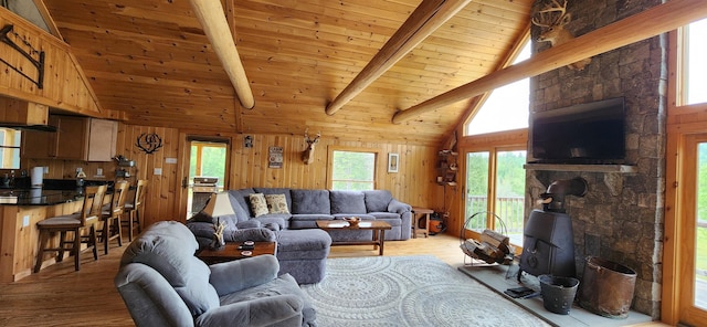 living room featuring wood-type flooring, high vaulted ceiling, wood walls, and a wood stove