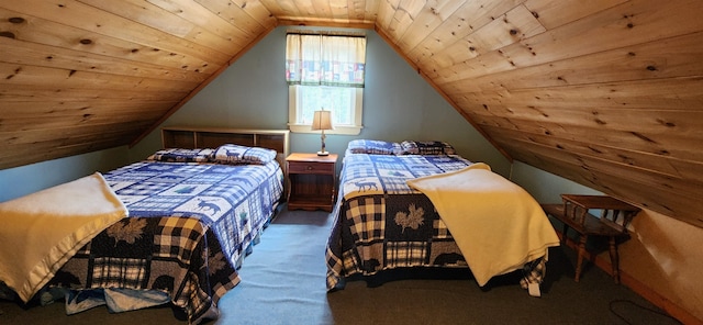 carpeted bedroom with lofted ceiling and wooden ceiling