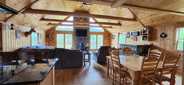 dining area with ceiling fan, wood ceiling, wood-type flooring, and vaulted ceiling with beams