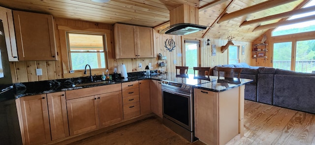 kitchen featuring light wood-type flooring, lofted ceiling with beams, stainless steel range with electric cooktop, and wood ceiling