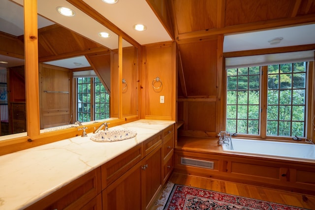 full bathroom featuring a wealth of natural light, visible vents, vanity, and a bath