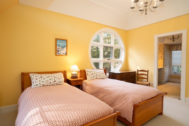 bedroom with an inviting chandelier, baseboards, carpet, and vaulted ceiling