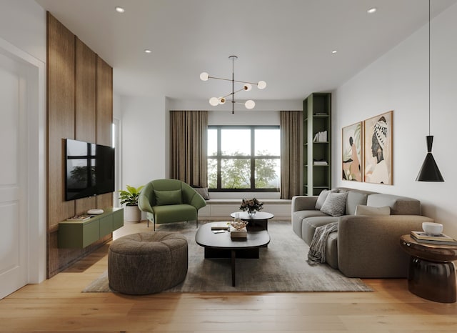 living room featuring light wood-type flooring and a notable chandelier