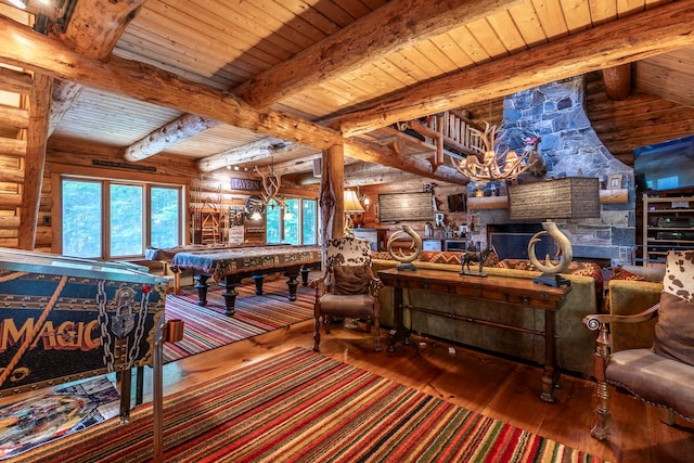 playroom featuring wood ceiling, hardwood / wood-style flooring, beam ceiling, and pool table