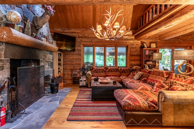 living room with wood-type flooring, an inviting chandelier, wooden ceiling, and a fireplace