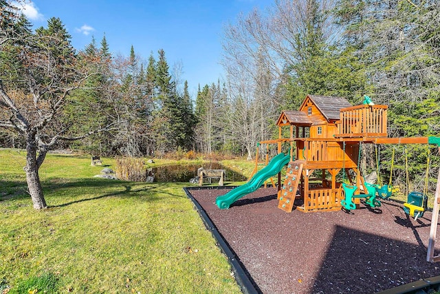 view of jungle gym with a lawn