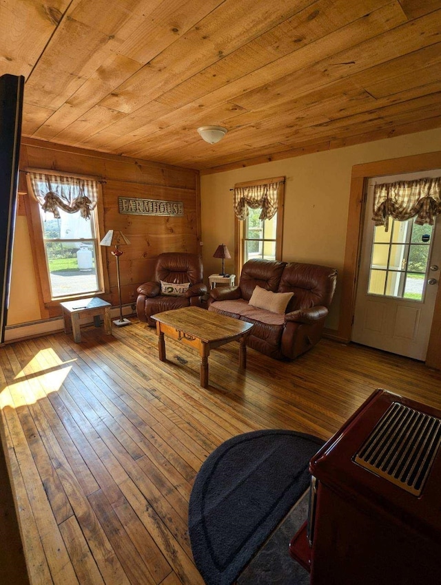 living room with light wood-type flooring, wood ceiling, a wealth of natural light, and wood walls