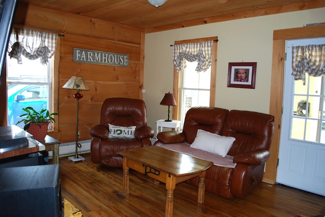 living room with wooden ceiling, dark wood-type flooring, and baseboard heating