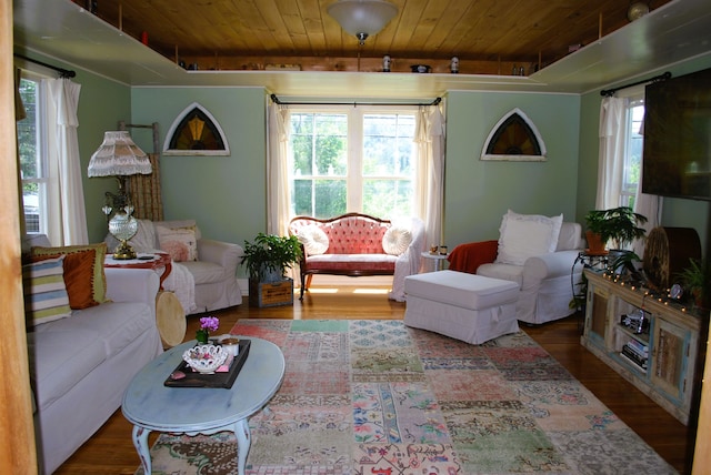 living room featuring wood ceiling and dark hardwood / wood-style floors