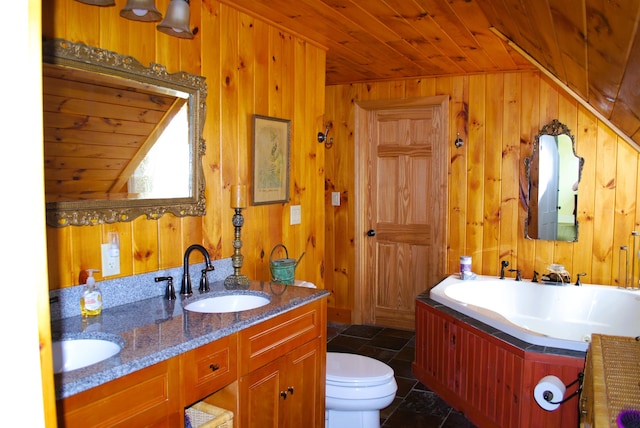 bathroom featuring toilet, a bathing tub, wood walls, and tile patterned floors