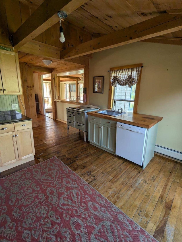 kitchen featuring dishwasher, sink, a baseboard radiator, dark hardwood / wood-style floors, and butcher block counters