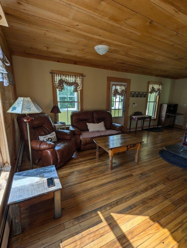 living room with wood ceiling and hardwood / wood-style flooring