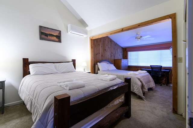 carpeted bedroom featuring a wall unit AC, wooden walls, and vaulted ceiling