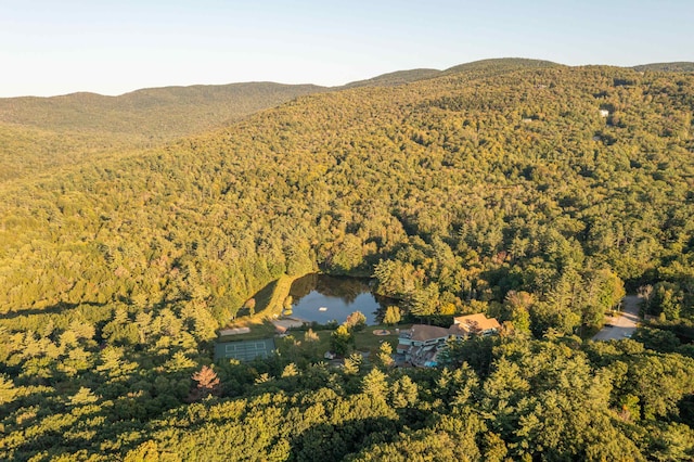 bird's eye view with a water and mountain view and a view of trees