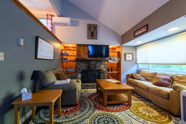 living area with a fireplace, a wall unit AC, and vaulted ceiling