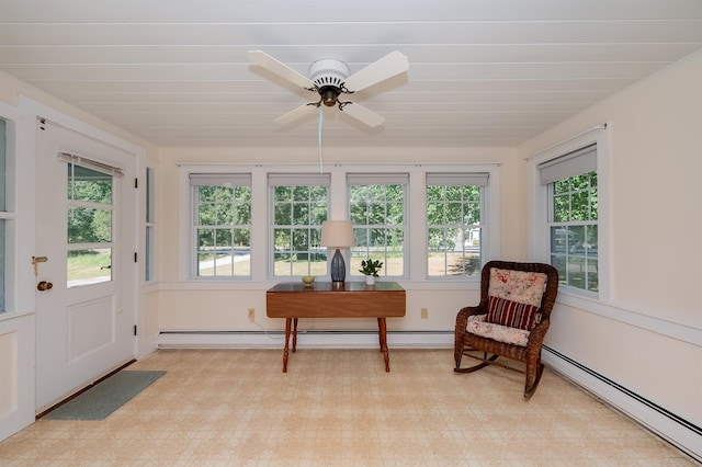 sunroom / solarium featuring a baseboard radiator and ceiling fan