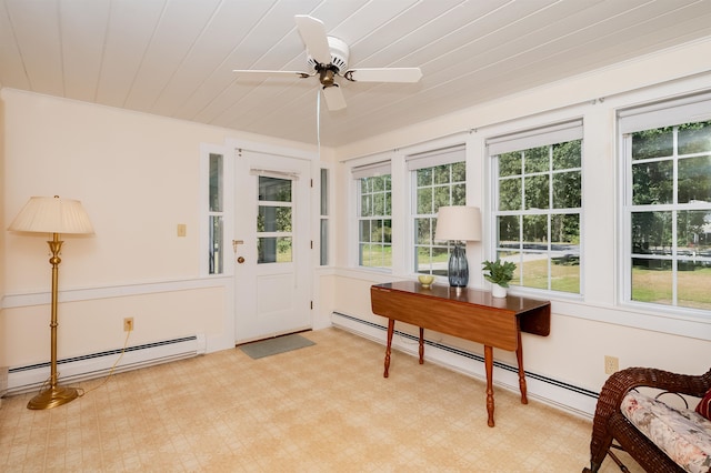 sunroom / solarium with a baseboard radiator and ceiling fan