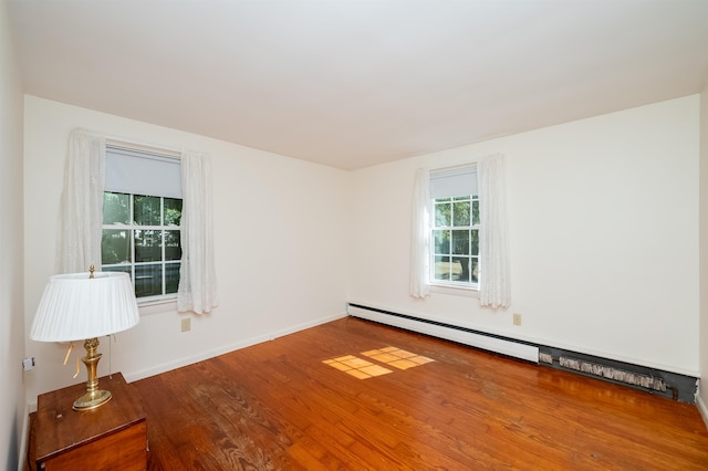 unfurnished room with wood-type flooring and a baseboard radiator