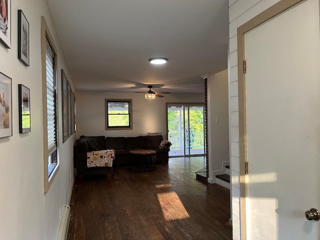 living room featuring dark wood-style flooring and ceiling fan