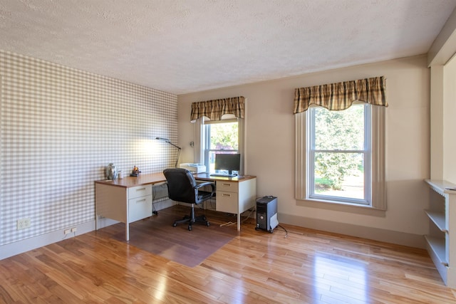 6694 Vt Route 100, Troy, VT 05859 - office area with baseboards, wallpapered walls, light wood-style flooring, a textured ceiling, and an accent wall