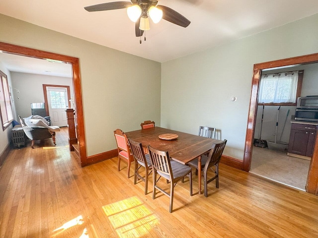 dining space featuring ceiling fan and light hardwood / wood-style floors