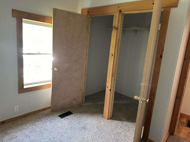 unfurnished bedroom featuring multiple windows, a closet, and carpet flooring