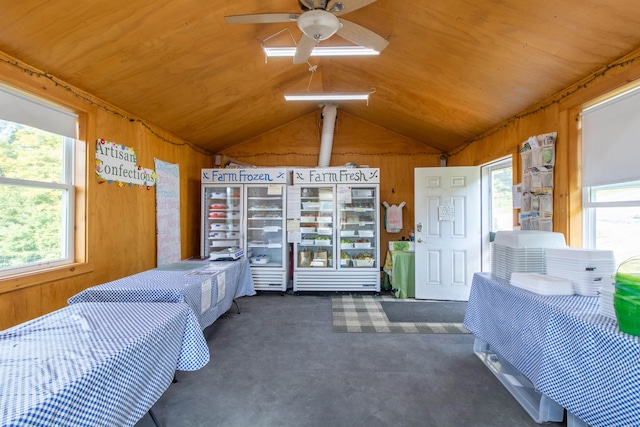 bedroom with vaulted ceiling, wooden walls, and multiple windows