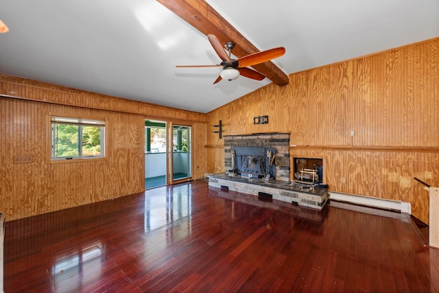 unfurnished living room featuring wooden walls, lofted ceiling with beams, dark hardwood / wood-style flooring, a baseboard radiator, and ceiling fan