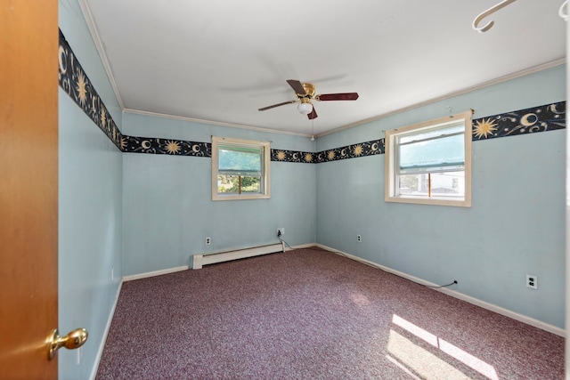 carpeted spare room with a baseboard radiator, a wealth of natural light, ornamental molding, and ceiling fan